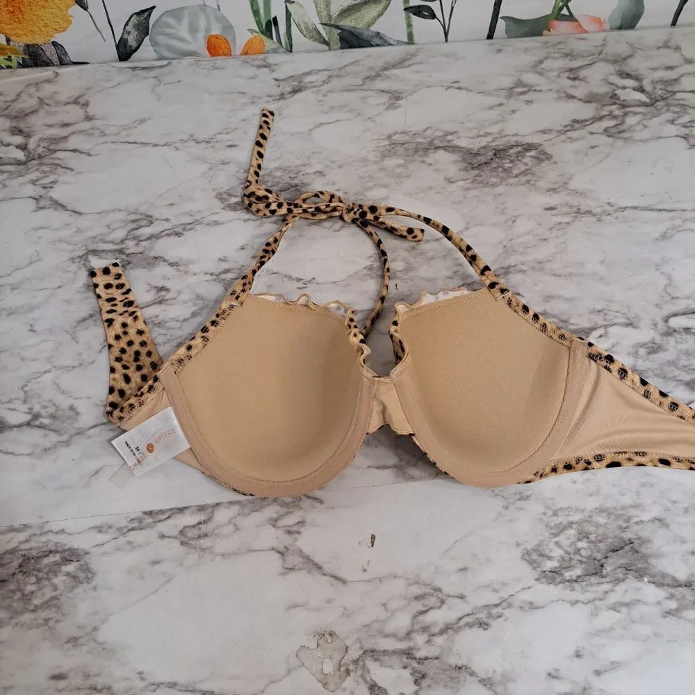 Shade Shore Bikini Top Animal Print 34C Ruffle Tie Neck‎ Bra